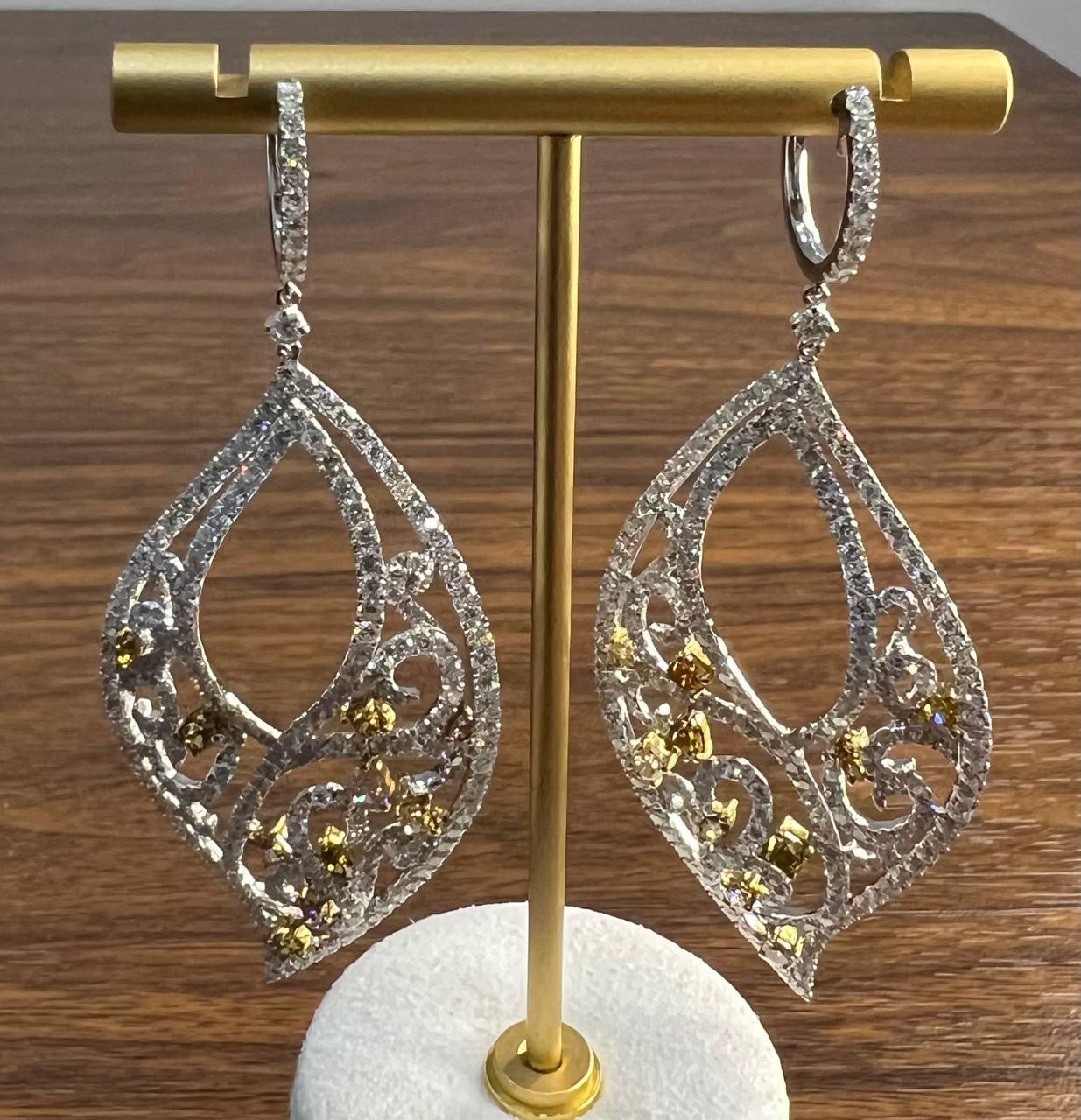 Fancy Color &amp; White Diamond Fancy Elegant 18K White Gold Statement Drop Earrings