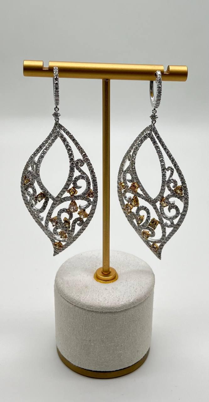 Fancy Color &amp; White Diamond Fancy Elegant 18K White Gold Statement Drop Earrings