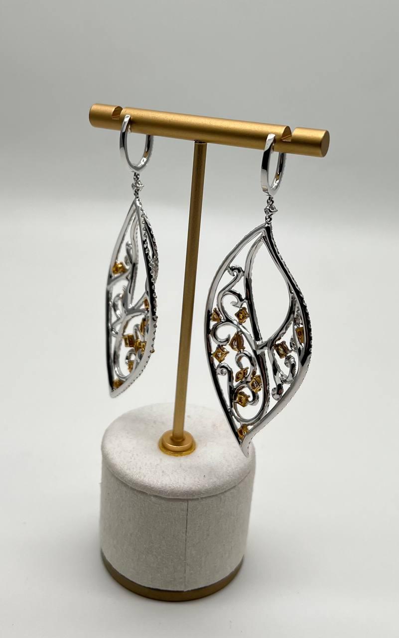 Fancy Color &amp; White Diamond Fancy Elegant 18K White Gold Statement Drop Earrings