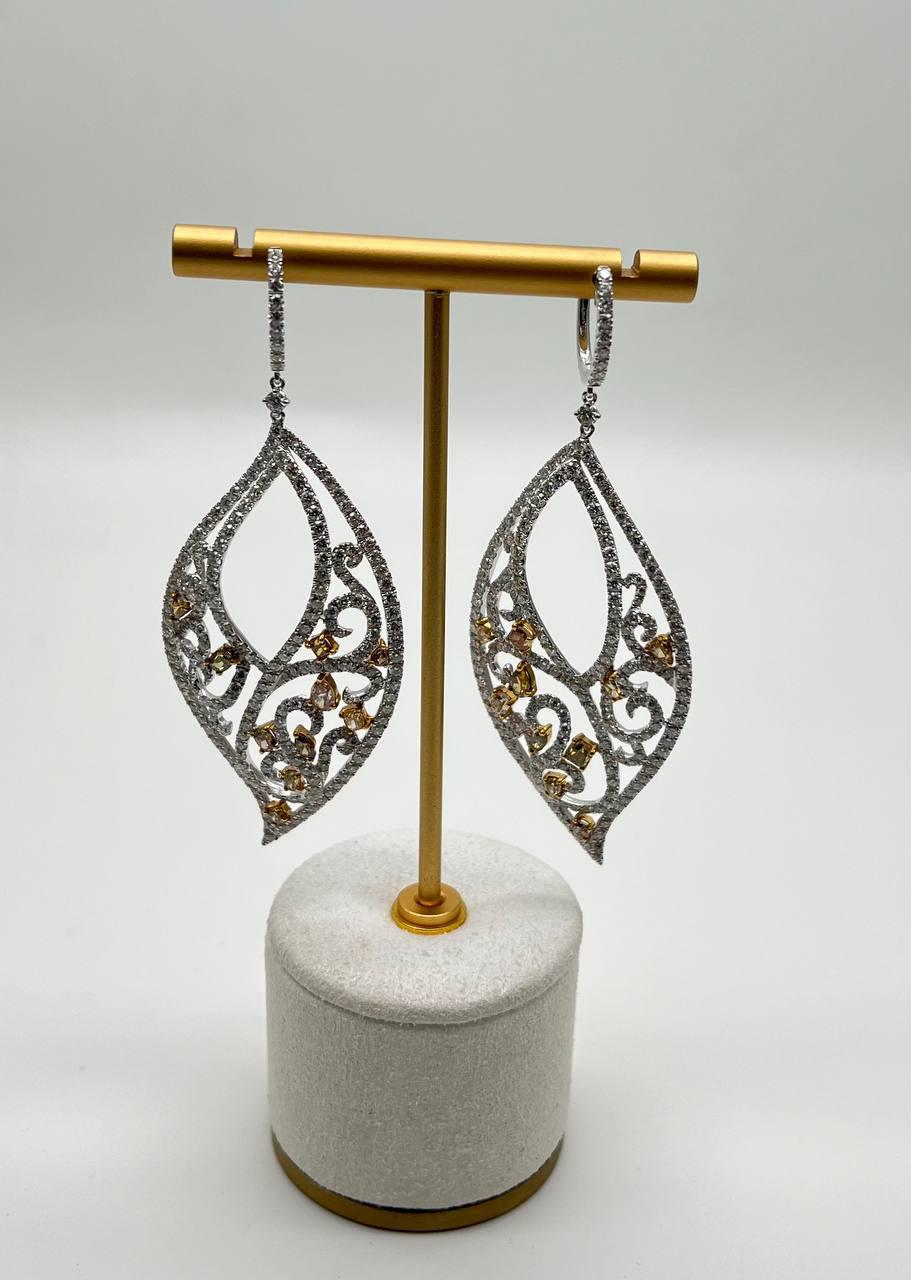Fancy Color &amp; White Diamond Fancy Elegant 18K White Gold Statement Drop Earrings