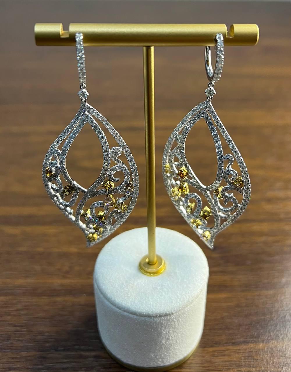 Fancy Color &amp; White Diamond Fancy Elegant 18K White Gold Statement Drop Earrings