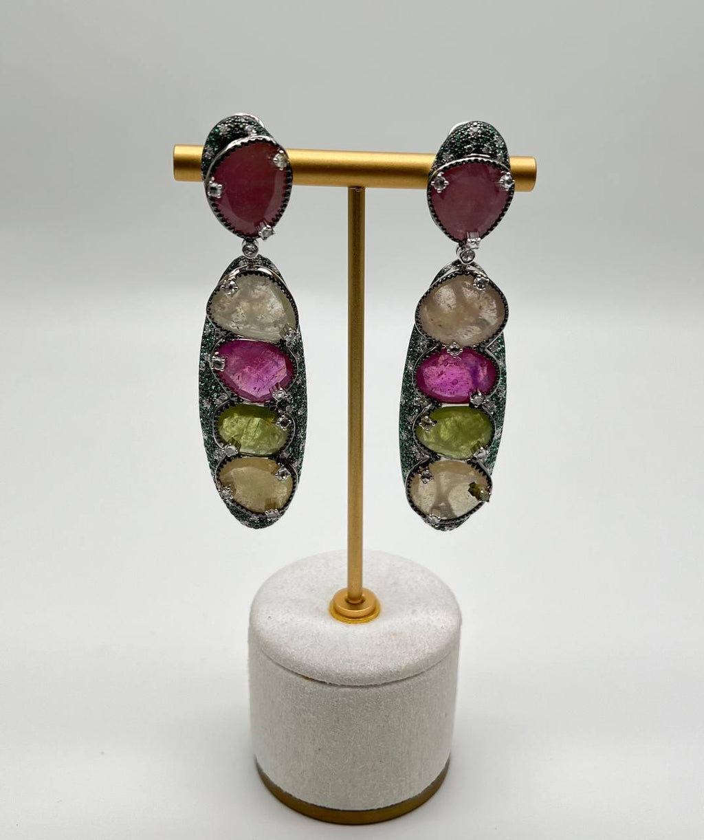 Unique Multi Color Sapphire Emerald Diamonds 18K White Gold Statement Earrings