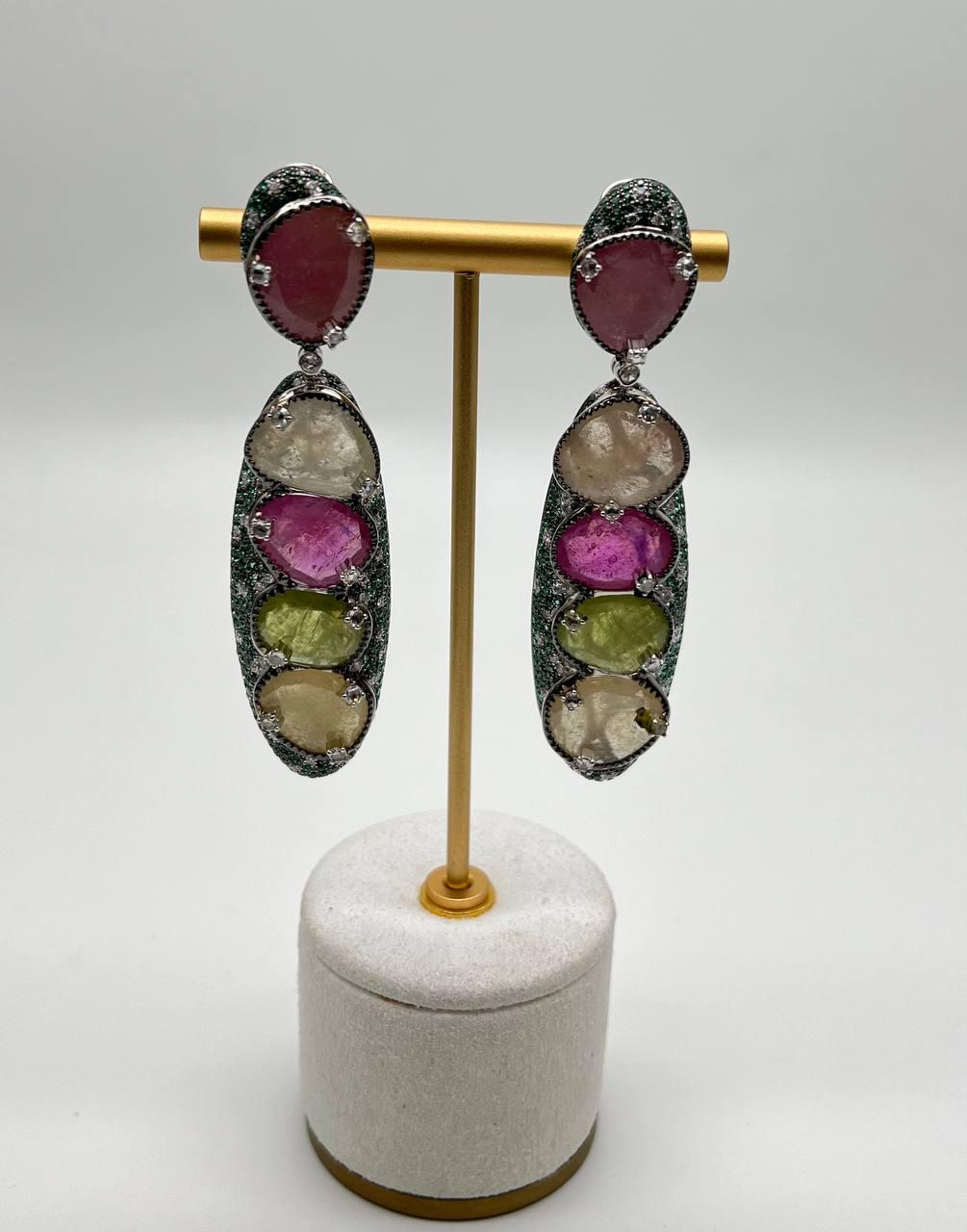 Unique Multi Color Sapphire Emerald Diamonds 18K White Gold Statement Earrings