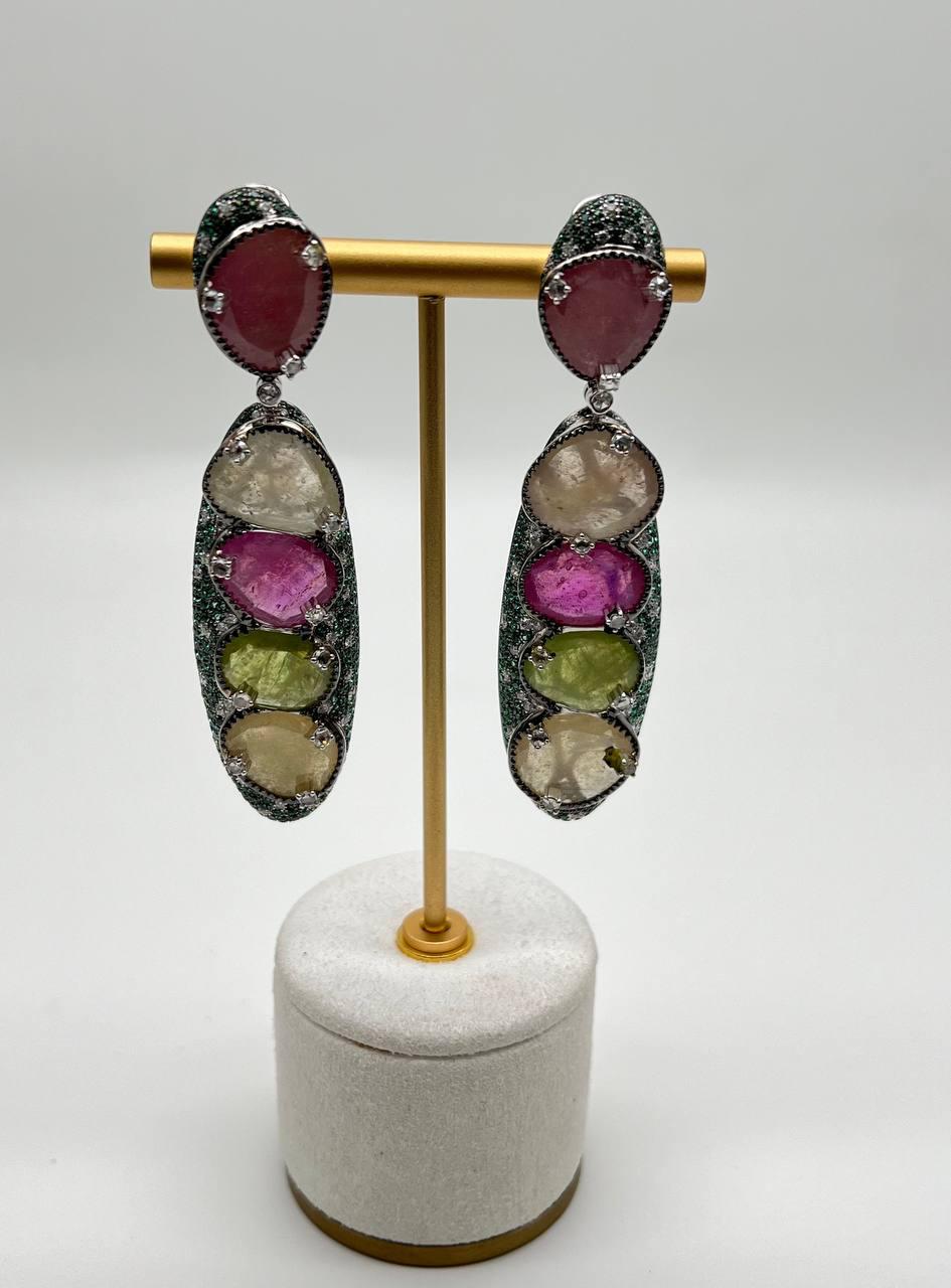 Unique Multi Color Sapphire Emerald Diamonds 18K White Gold Statement Earrings