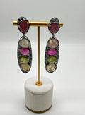 Unique Multi Color Sapphire Emerald Diamonds 18K White Gold Statement Earrings