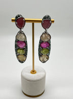Unique Multi Color Sapphire Emerald Diamonds 18K White Gold Statement Earrings
