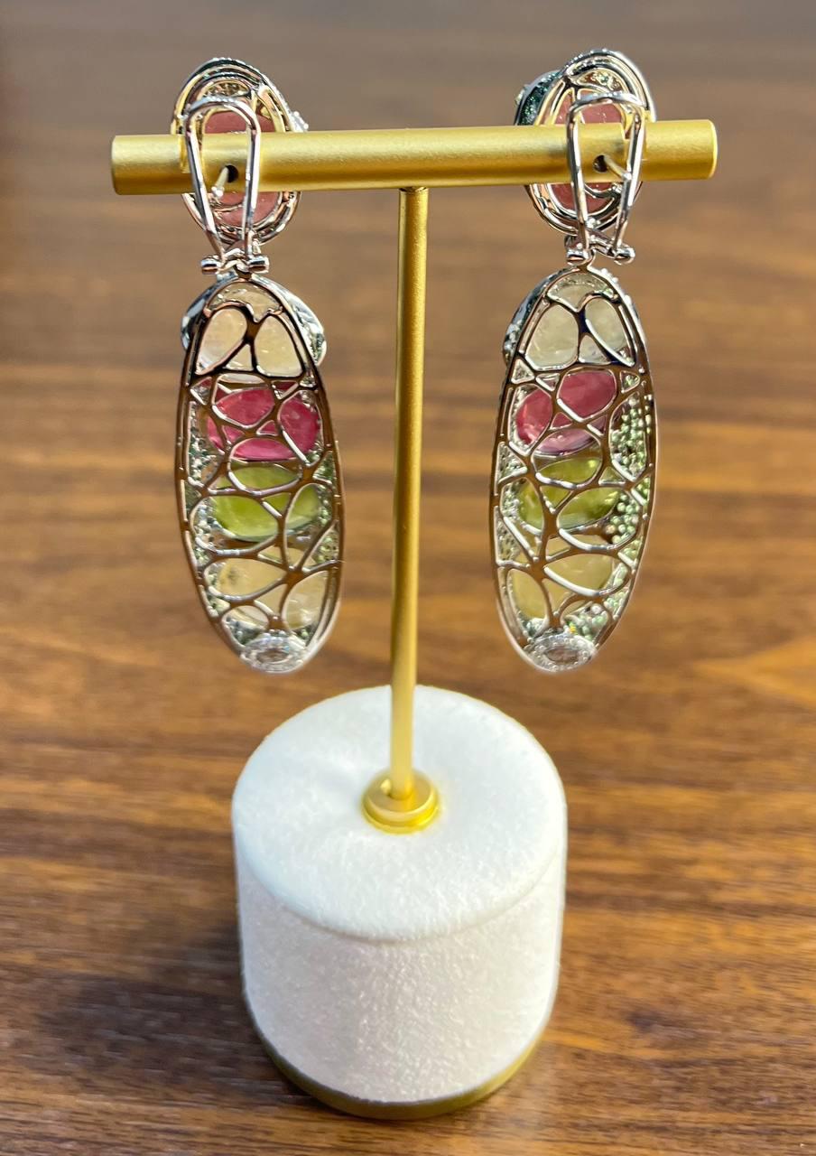Unique Multi Color Sapphire Emerald Diamonds 18K White Gold Statement Earrings