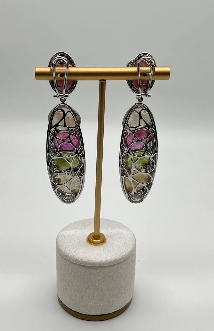 Unique Multi Color Sapphire Emerald Diamonds 18K White Gold Statement Earrings