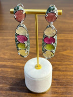 Unique Multi Color Sapphire Emerald Diamonds 18K White Gold Statement Earrings