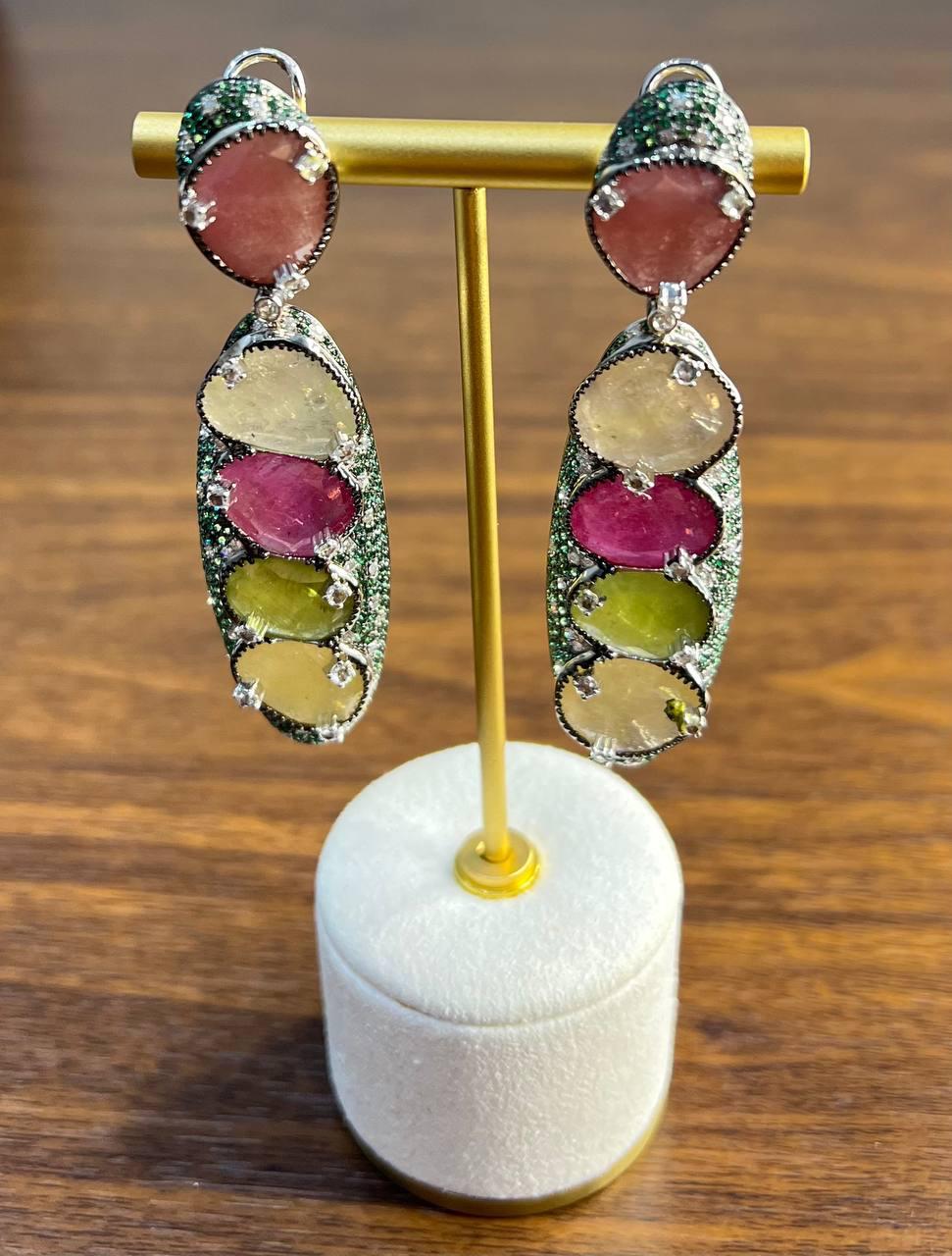Unique Multi Color Sapphire Emerald Diamonds 18K White Gold Statement Earrings