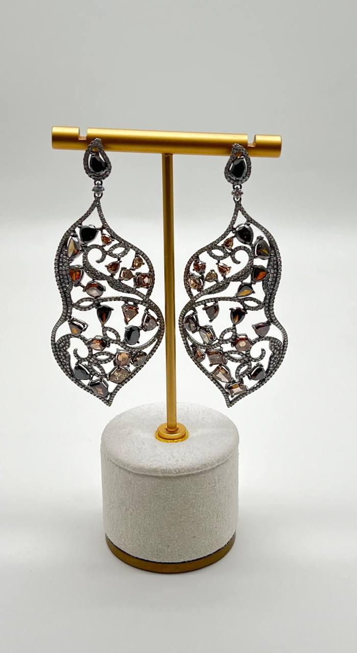 Fancy Color Diamond & White Diamonds 18K White Black Gold Statement Earrings