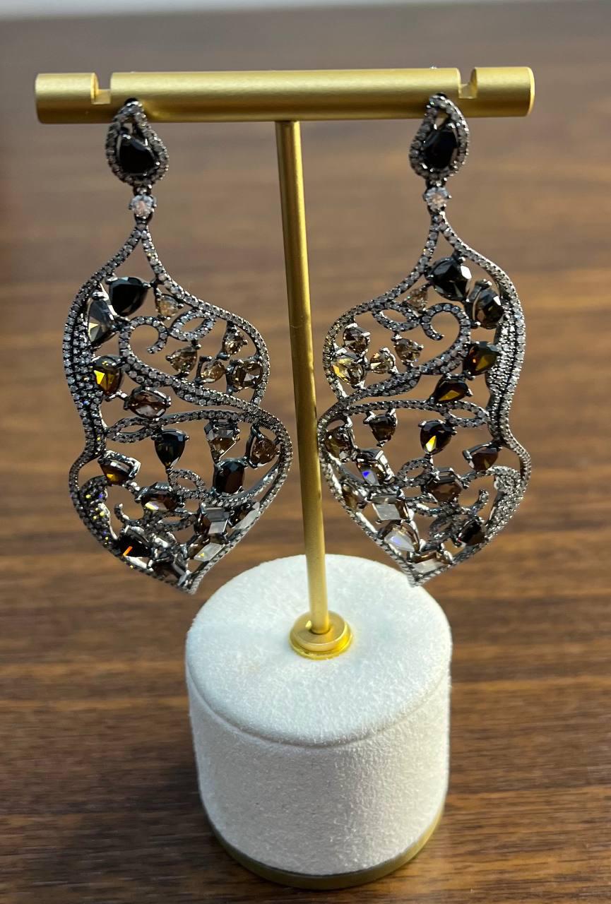 Fancy Color Diamond &amp; White Diamonds 18K White Black Gold Statement Earrings