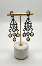 Multi Color Tourmalines Diamond Halo 18K Black White Gold Statement Earrings