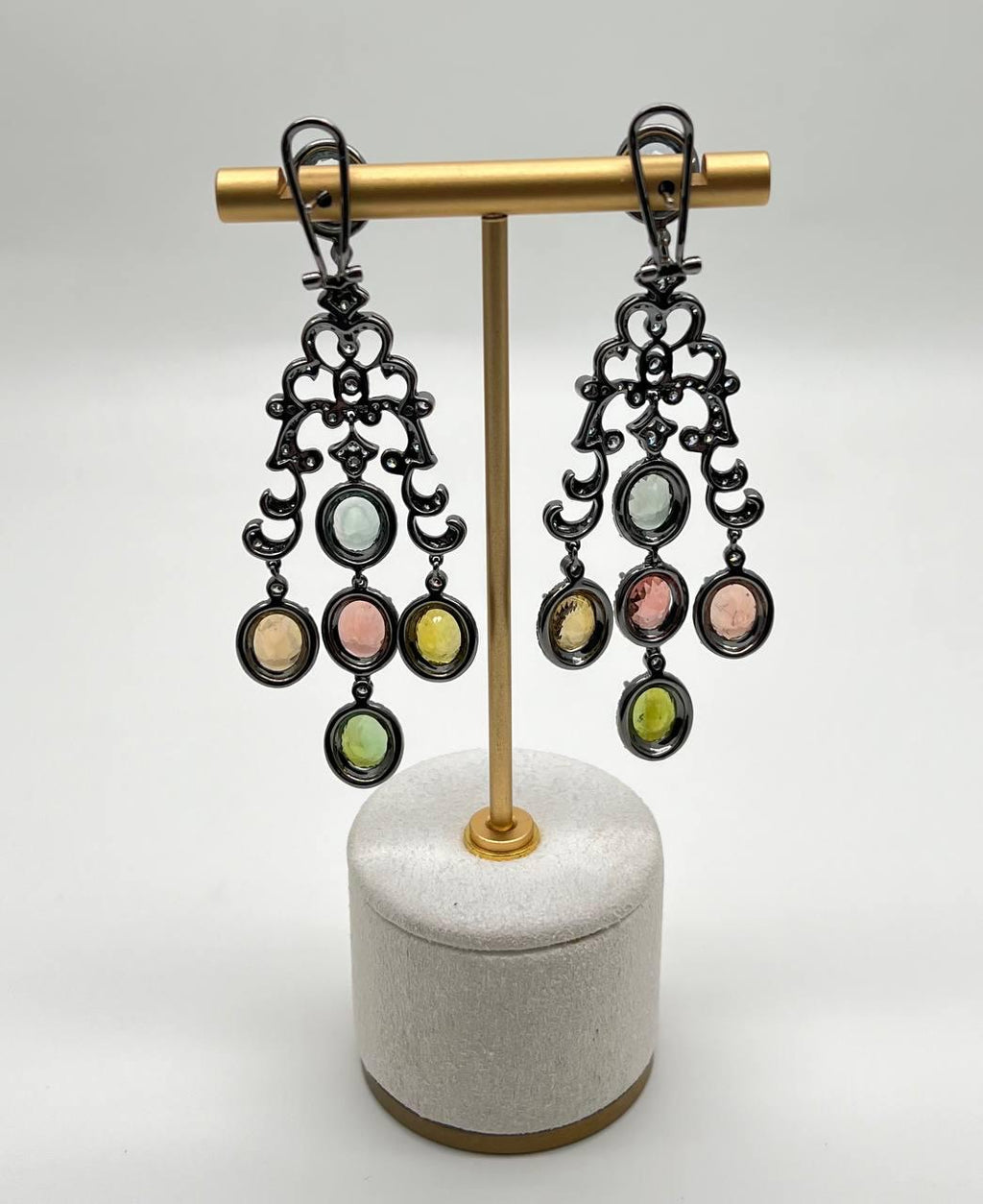 Multi Color Tourmalines Diamond Halo 18K Black White Gold Statement Earrings