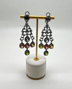 Multi Color Tourmalines Diamond Halo 18K Black White Gold Statement Earrings
