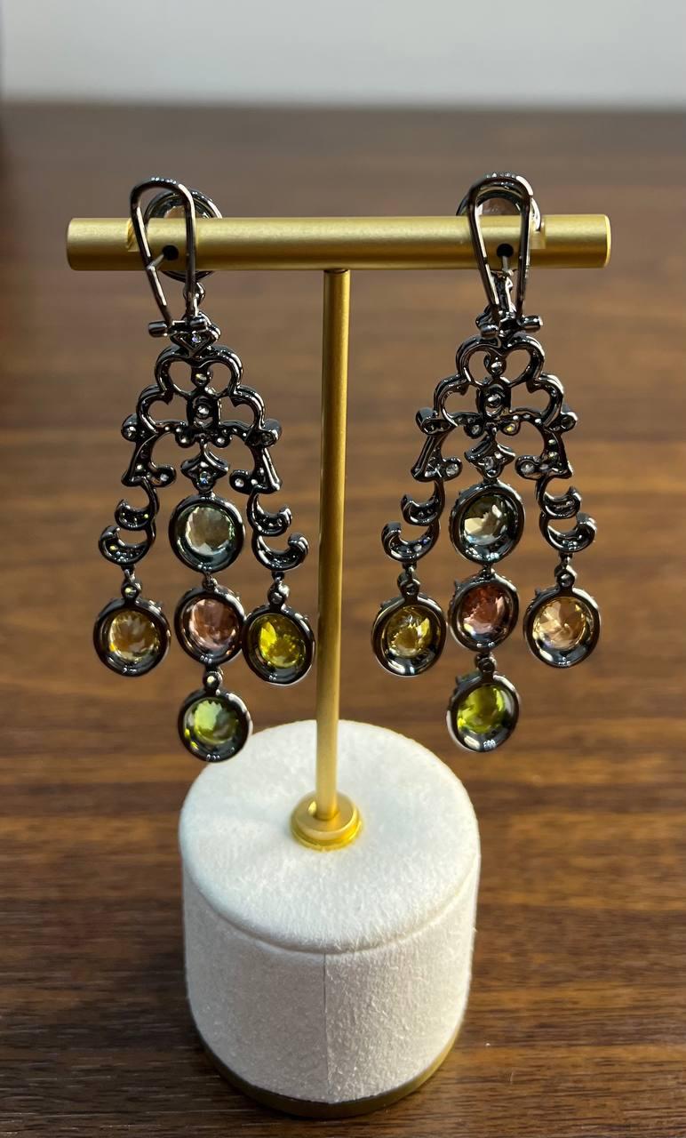 Multi Color Tourmalines Diamond Halo 18K Black White Gold Statement Earrings