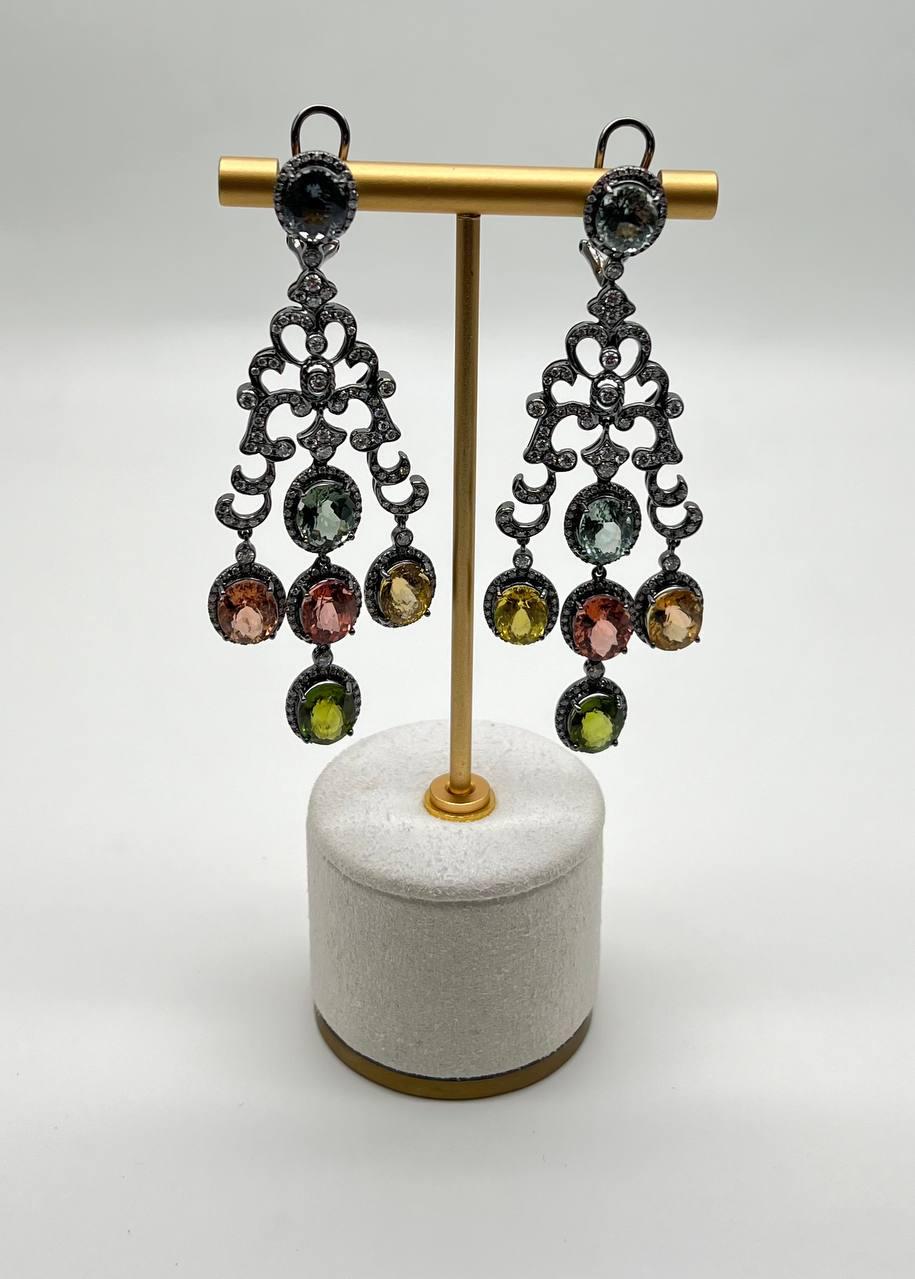 Multi Color Tourmalines Diamond Halo 18K Black White Gold Statement Earrings