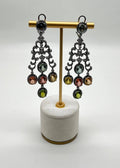 Multi Color Tourmalines Diamond Halo 18K Black White Gold Statement Earrings