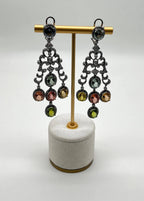 Multi Color Tourmalines Diamond Halo 18K Black White Gold Statement Earrings