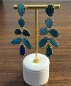 Blue Opals Diamond Halo 18 Karat Yellow Gold Drop Statement Unique Earrings