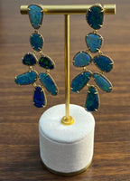 Blue Opals Diamond Halo 18 Karat Yellow Gold Drop Statement Unique Earrings
