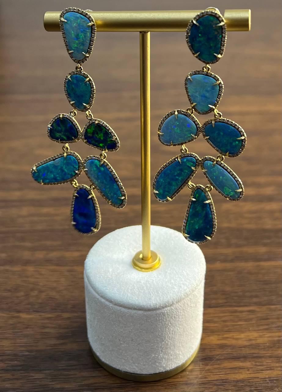 Blue Opals Diamond Halo 18 Karat Yellow Gold Drop Statement Unique Earrings