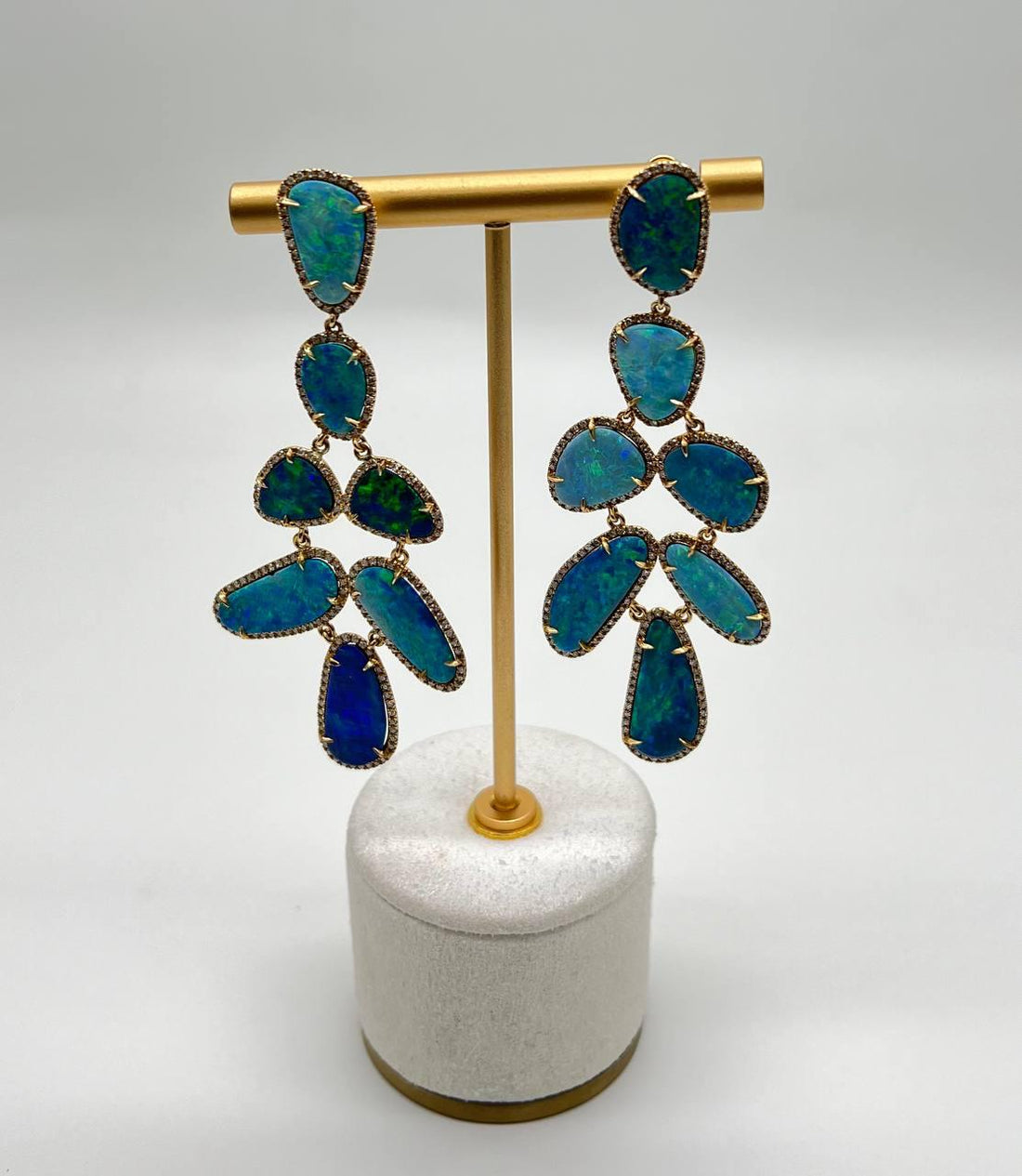 Blue Opals Diamond Halo 18 Karat Yellow Gold Drop Statement Unique Earrings