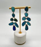 Blue Opals Diamond Halo 18 Karat Yellow Gold Drop Statement Unique Earrings