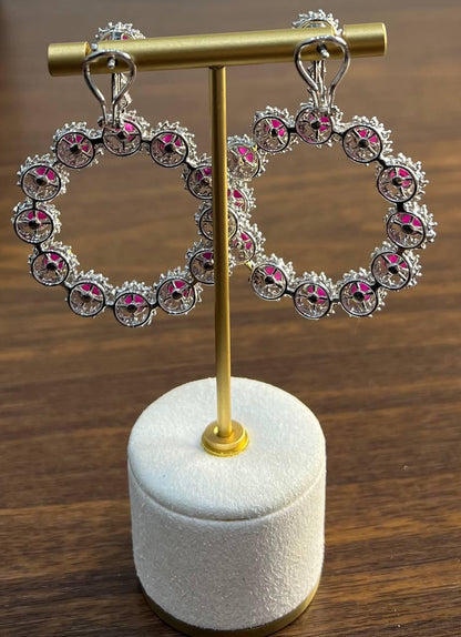 Ruby & White Diamond 18 Karat White Gold Chandelier Statement Circle Earrings