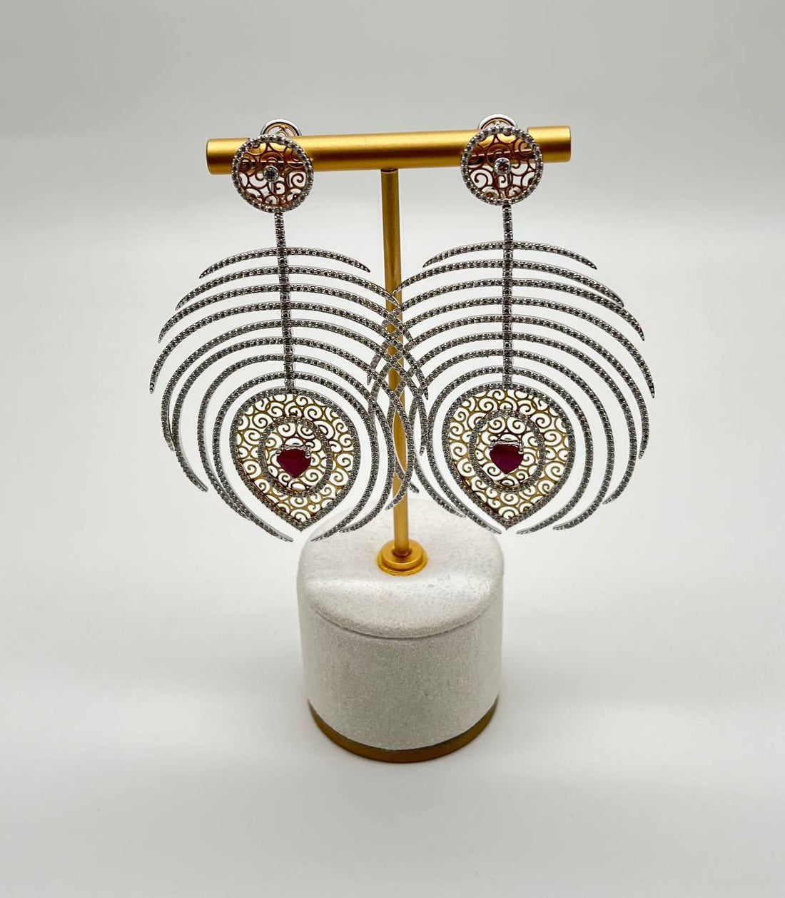 Heart Shape Ruby Diamond Halo Eastern Symbol Statement 18K White Gold Earrings