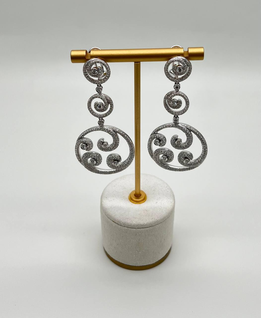 White Diamond Swirl Waves 18 Karat White Gold Drop Statement Pave Bezel Earrings