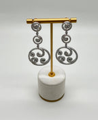 White Diamond Swirl Waves 18 Karat White Gold Drop Statement Pave Bezel Earrings