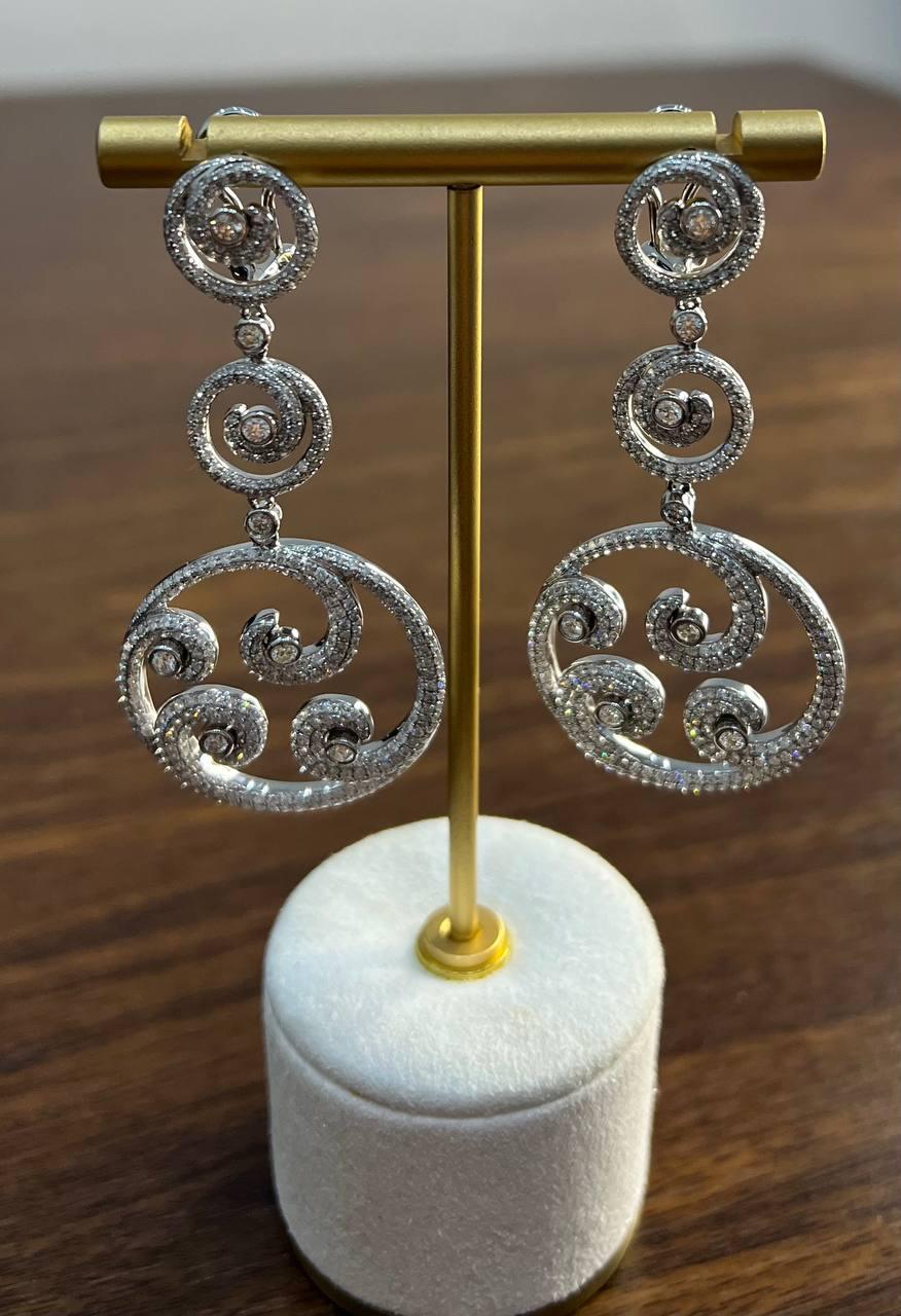 White Diamond Swirl Waves 18 Karat White Gold Drop Statement Pave Bezel Earrings