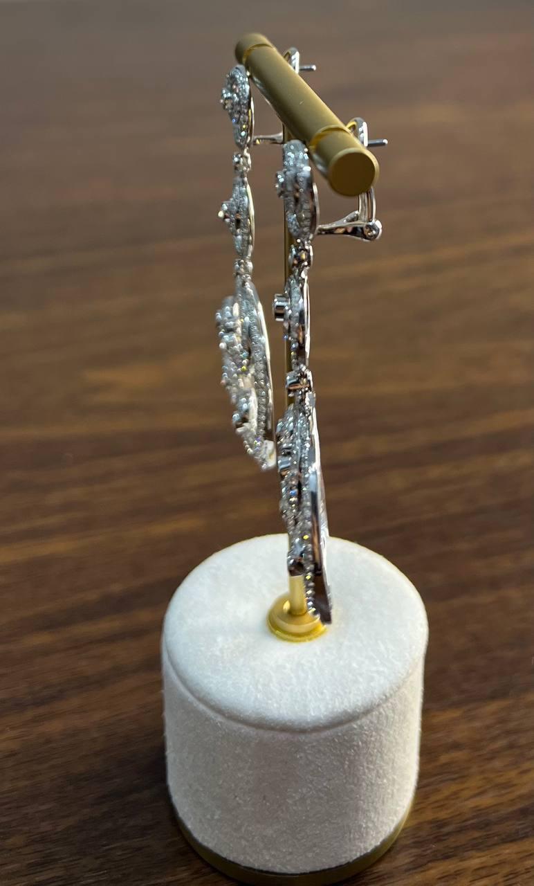 White Diamond Swirl Waves 18 Karat White Gold Drop Statement Pave Bezel Earrings