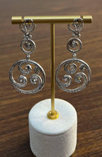 White Diamond Swirl Waves 18 Karat White Gold Drop Statement Pave Bezel Earrings