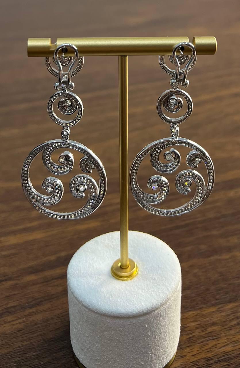 White Diamond Swirl Waves 18 Karat White Gold Drop Statement Pave Bezel Earrings