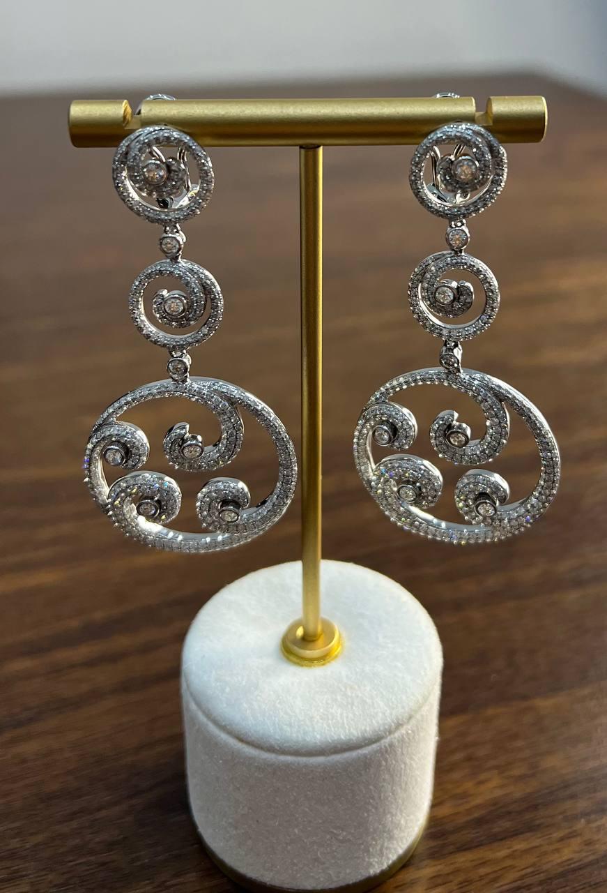 White Diamond Swirl Waves 18 Karat White Gold Drop Statement Pave Bezel Earrings
