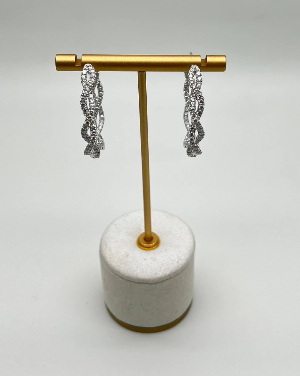 Medium Diamond Hoop Eternity Twist Wave 18K White Gold Statement Drop Earrings