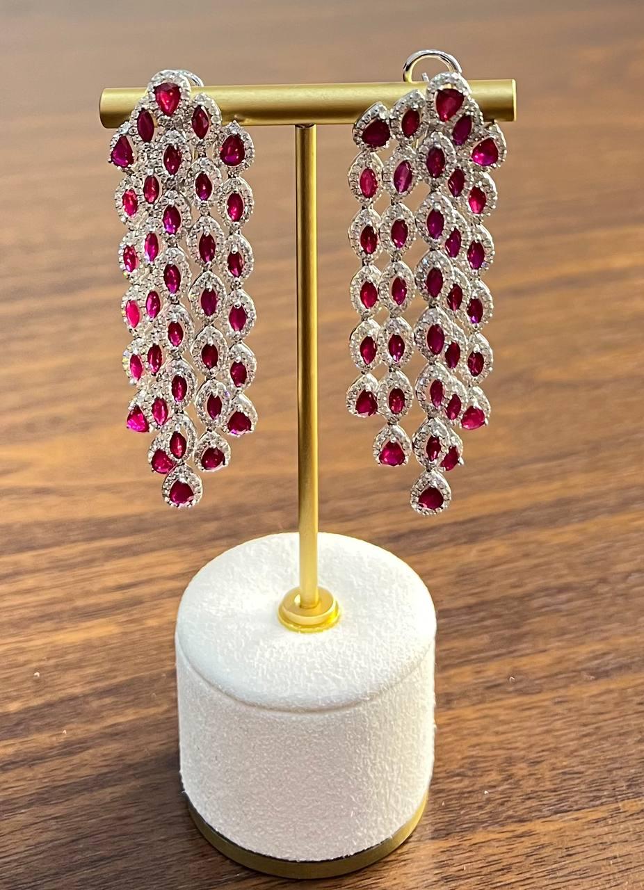 Fancy Cut Shape Red Ruby White Diamonds Halo Statement 18K White Gold Earrings