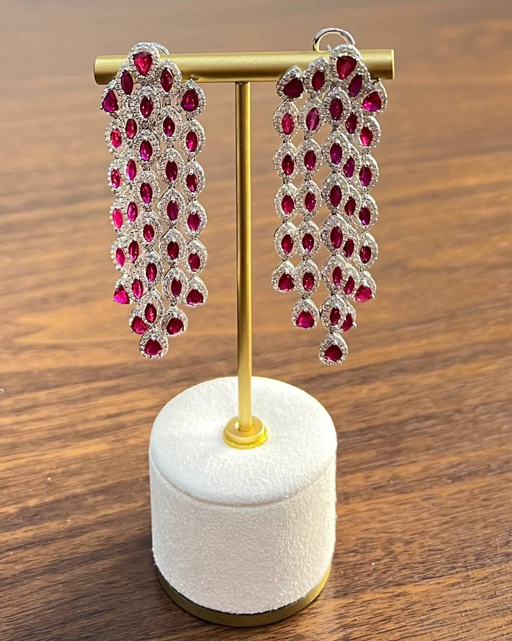 Fancy Cut Shape Red Ruby White Diamonds Halo Statement 18K White Gold Earrings