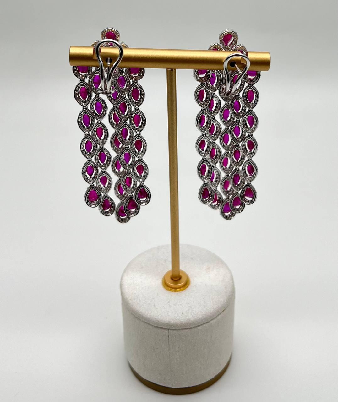 Fancy Cut Shape Red Ruby White Diamonds Halo Statement 18K White Gold Earrings