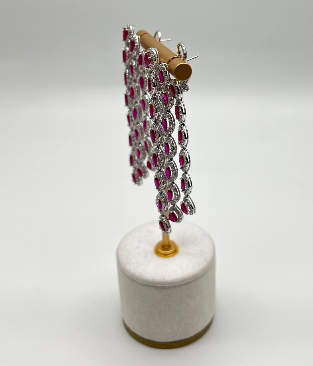 Fancy Cut Shape Red Ruby White Diamonds Halo Statement 18K White Gold Earrings