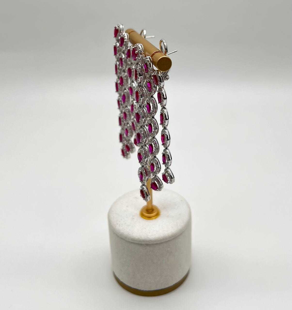 Fancy Cut Shape Red Ruby White Diamonds Halo Statement 18K White Gold Earrings