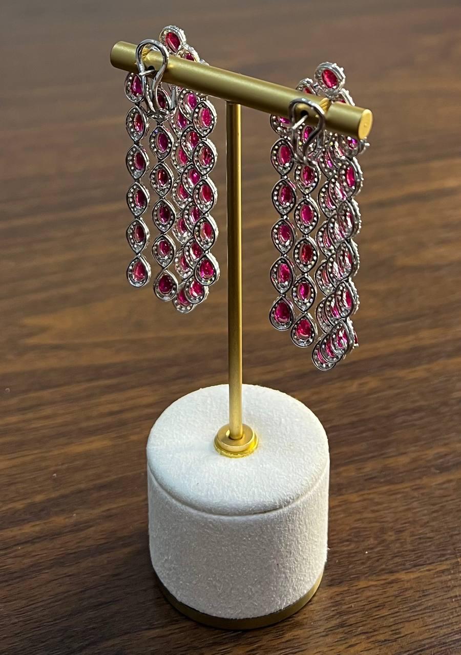 Fancy Cut Shape Red Ruby White Diamonds Halo Statement 18K White Gold Earrings