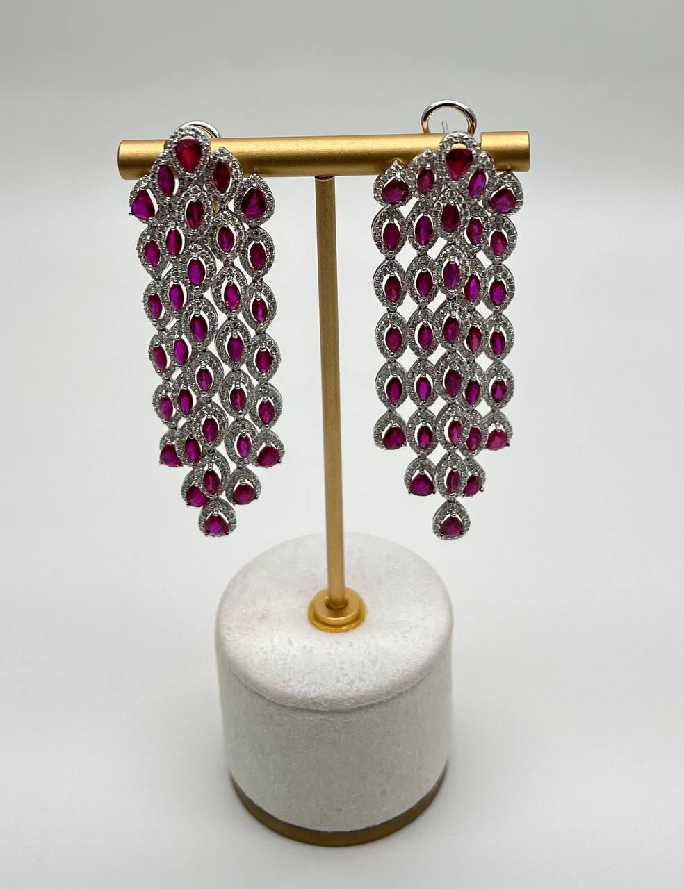 Fancy Cut Shape Red Ruby White Diamonds Halo Statement 18K White Gold Earrings