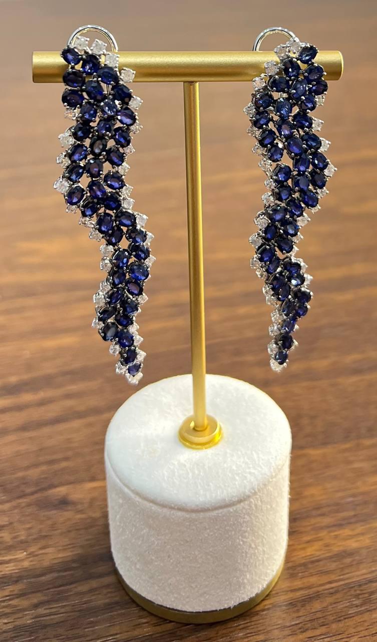Blue Sapphire Cascade Wave Diamonds 18K White Gold Statement Fancy Earrings