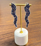 Blue Sapphire Cascade Wave Diamonds 18K White Gold Statement Fancy Earrings