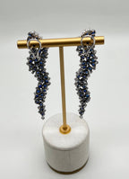Blue Sapphire Cascade Wave Diamonds 18K White Gold Statement Fancy Earrings