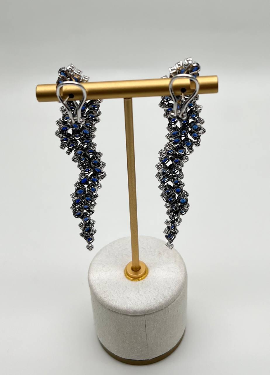 Blue Sapphire Cascade Wave Diamonds 18K White Gold Statement Fancy Earrings
