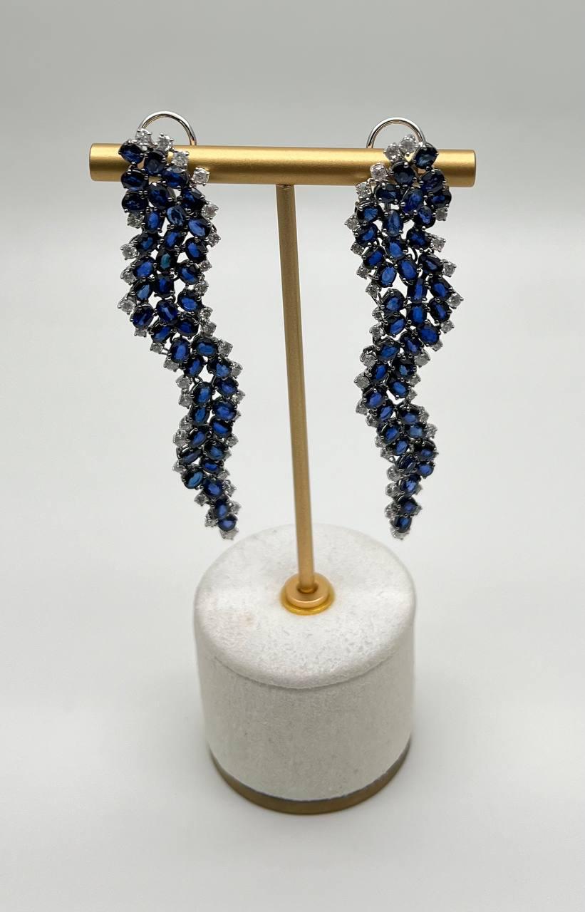 Blue Sapphire Cascade Wave Diamonds 18K White Gold Statement Fancy Earrings